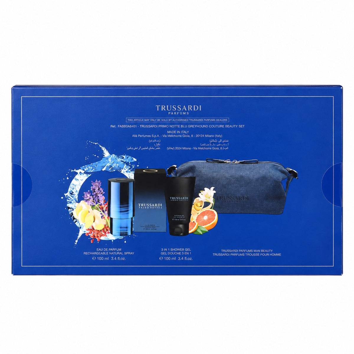 TRUSSARDI Primo Notte Blu Eau De Parfum + Shampoo & Shower Gel + Beauty Bag Set -2